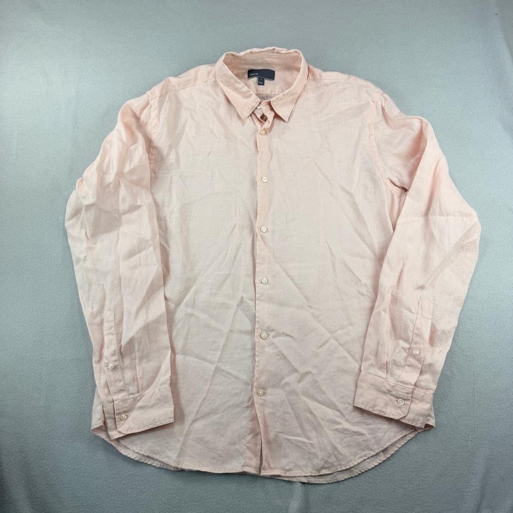Vince Mens Peach Pink 100% Linen Long Sleeve Button Down Shirt Size L Large